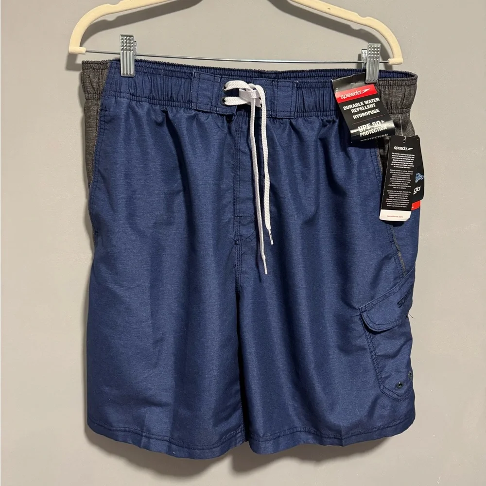 NWT- Speedo men’s swim trunks. Blue and Gray, Size XL